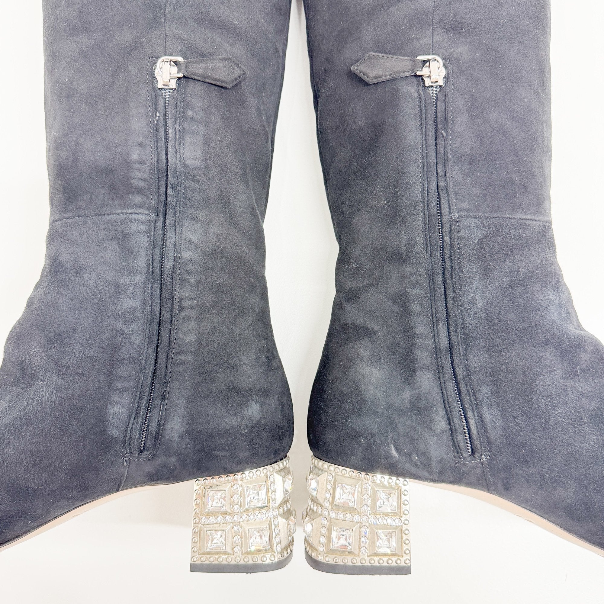 Size 36 1/2 EU Bejewelled Block Heel Black Suede Boots - Image 10