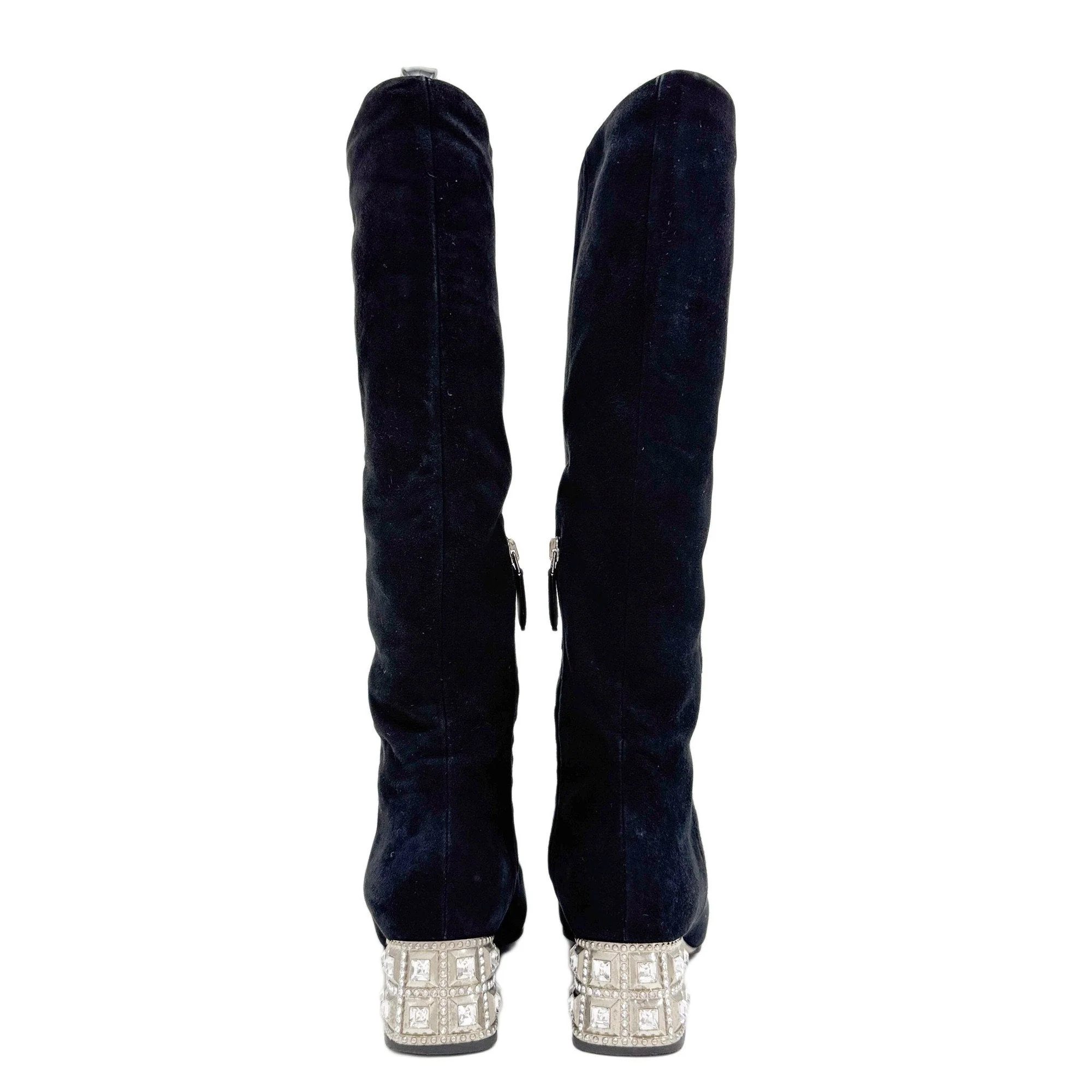 Size 36 1/2 EU Bejewelled Block Heel Black Suede Boots - Image 3