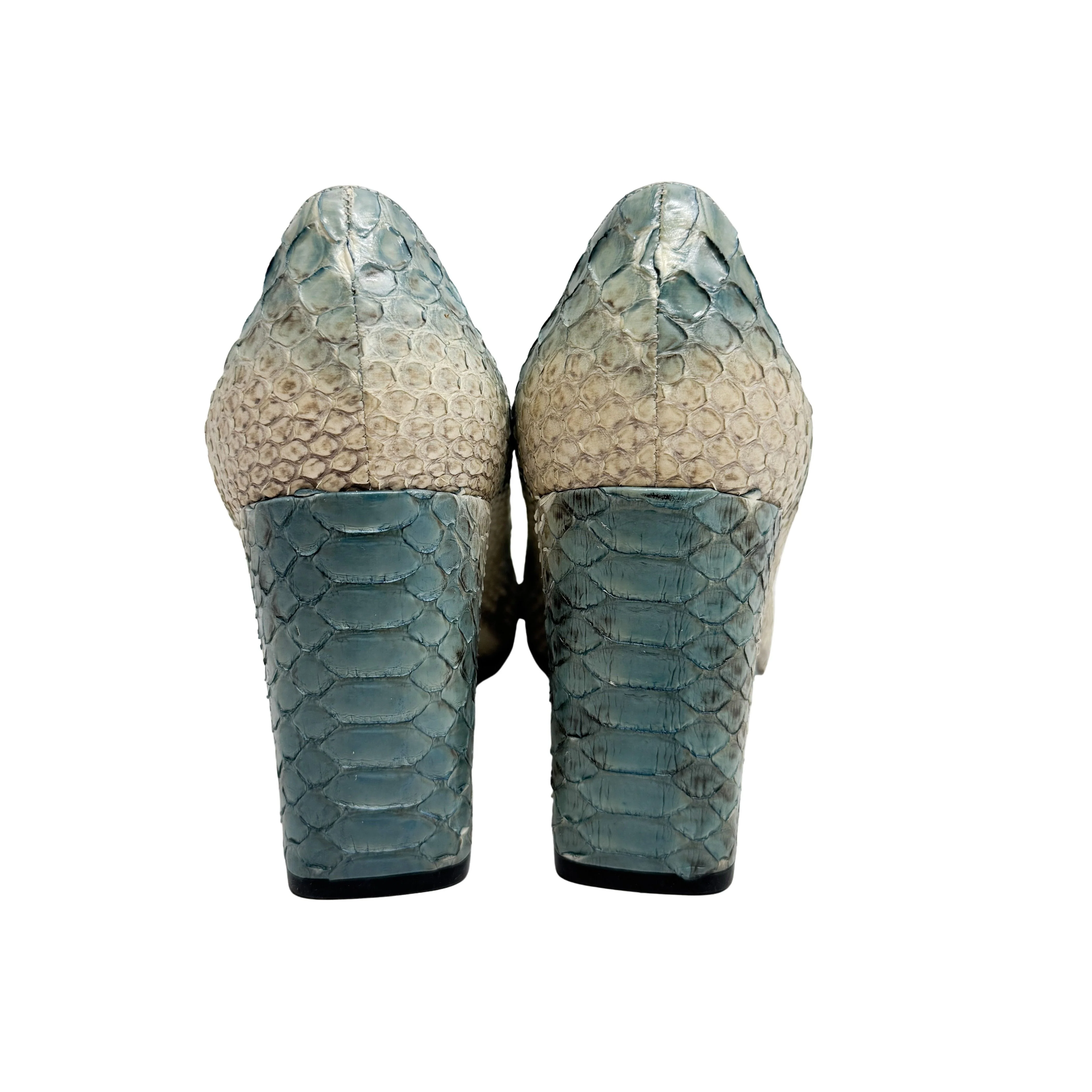 Size 36 Blue & White Python Embossed Leather Heels - Image 3