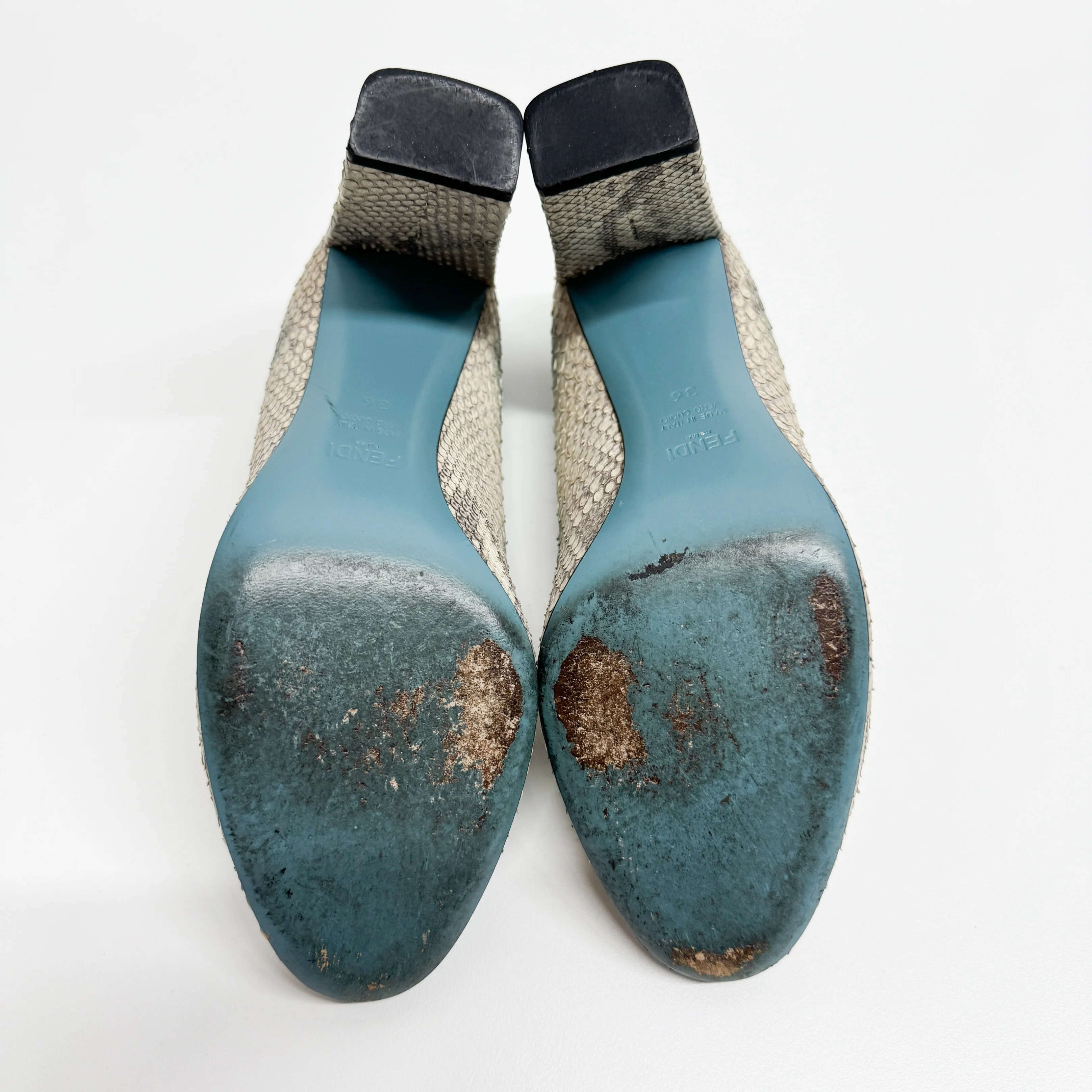 Size 36 Blue & White Python Embossed Leather Heels - Image 4