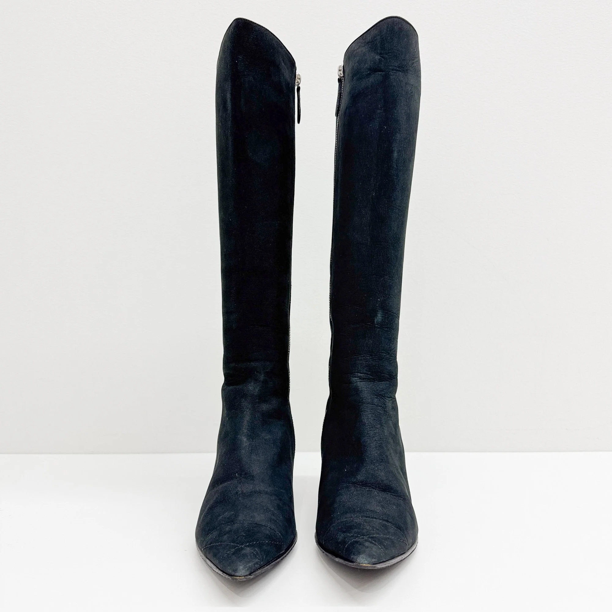 Size 37 1/2 EU Black Nubuck Leather Knee High Heels - Image 4