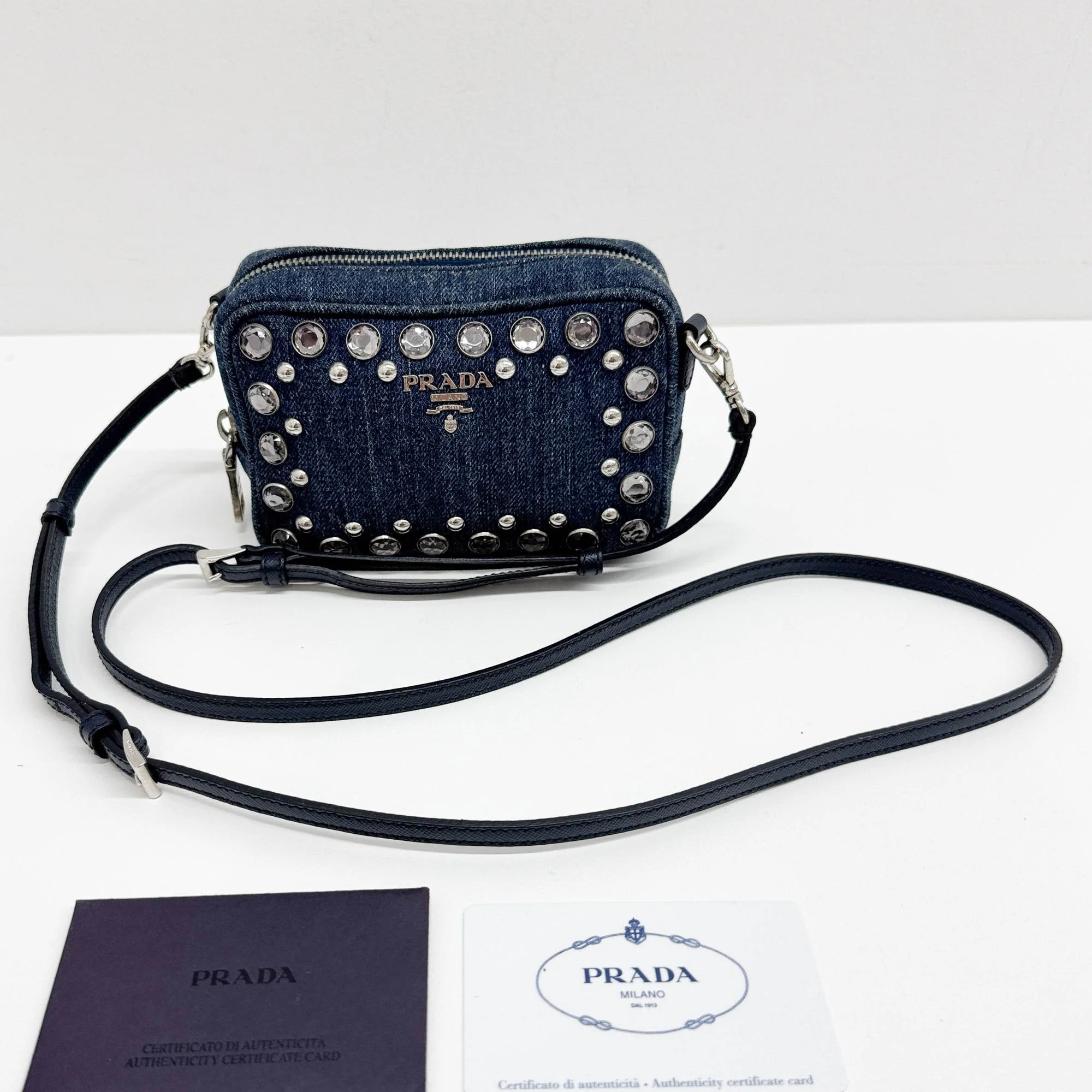 Small Rhinestone and Stud Embellished Blue Denim Crossbody Bag - Image 4