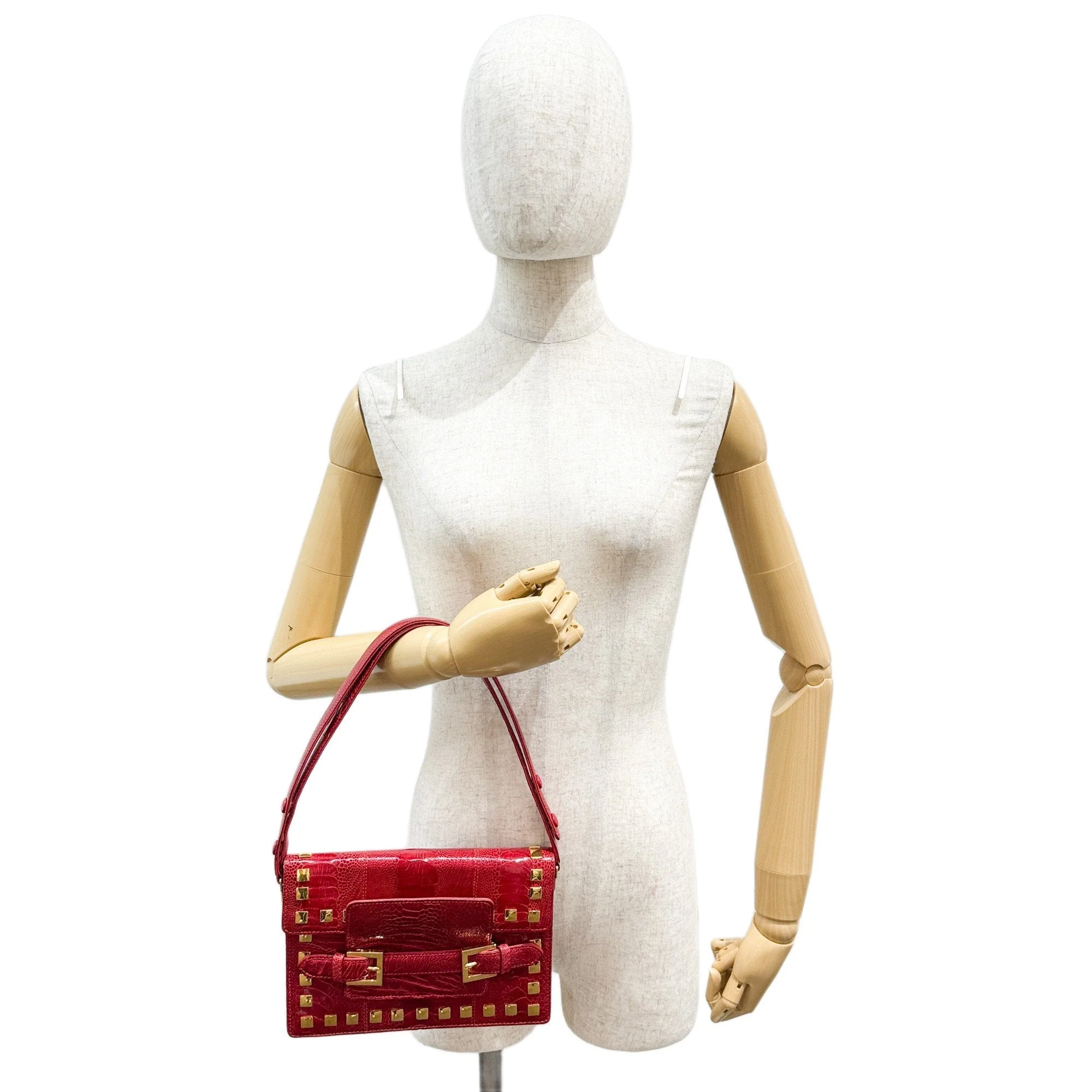 Studded Red Crocodile Embossed Leather Shoulder Bag - Image 3