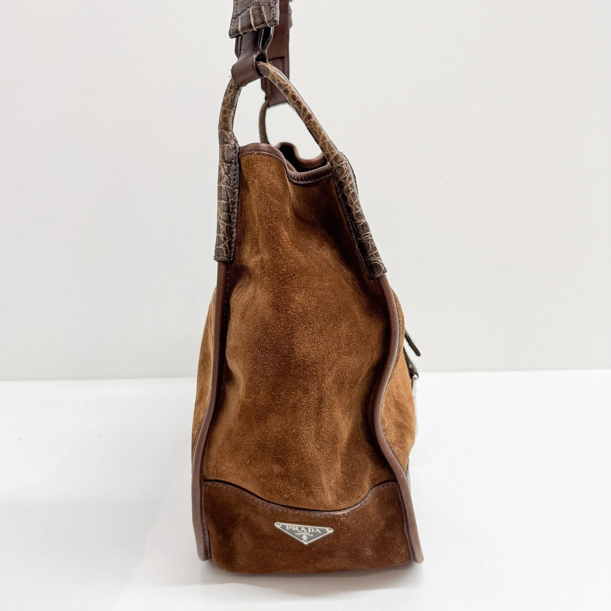 Studded Strap Brown Crocodile Embossed Leather Suede Cross Body Bag - Image 6