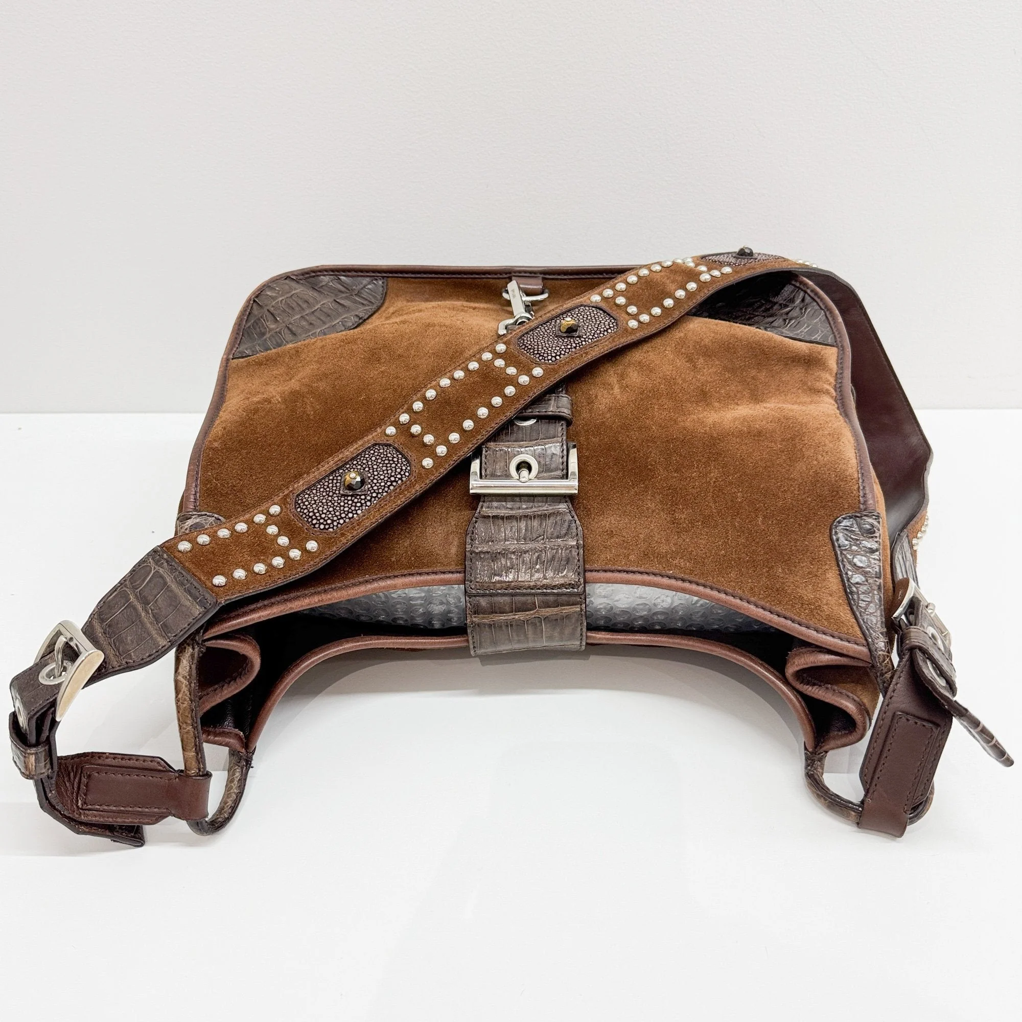 Studded Strap Brown Crocodile Embossed Leather Suede Cross Body Bag - Image 7