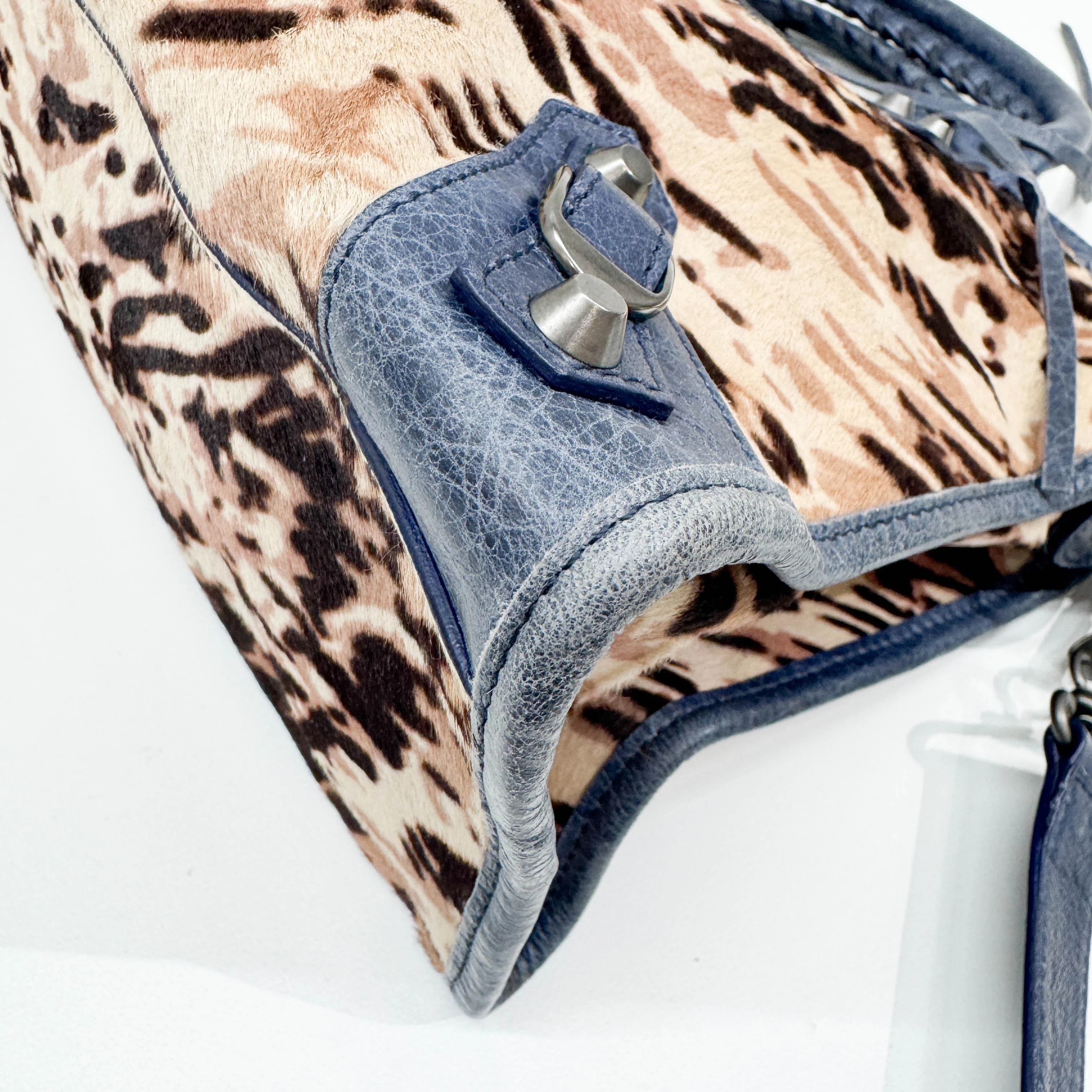 The City Blue Leather Trim Brown Leopard Print Pony Hair Two Way Bag - Image 10