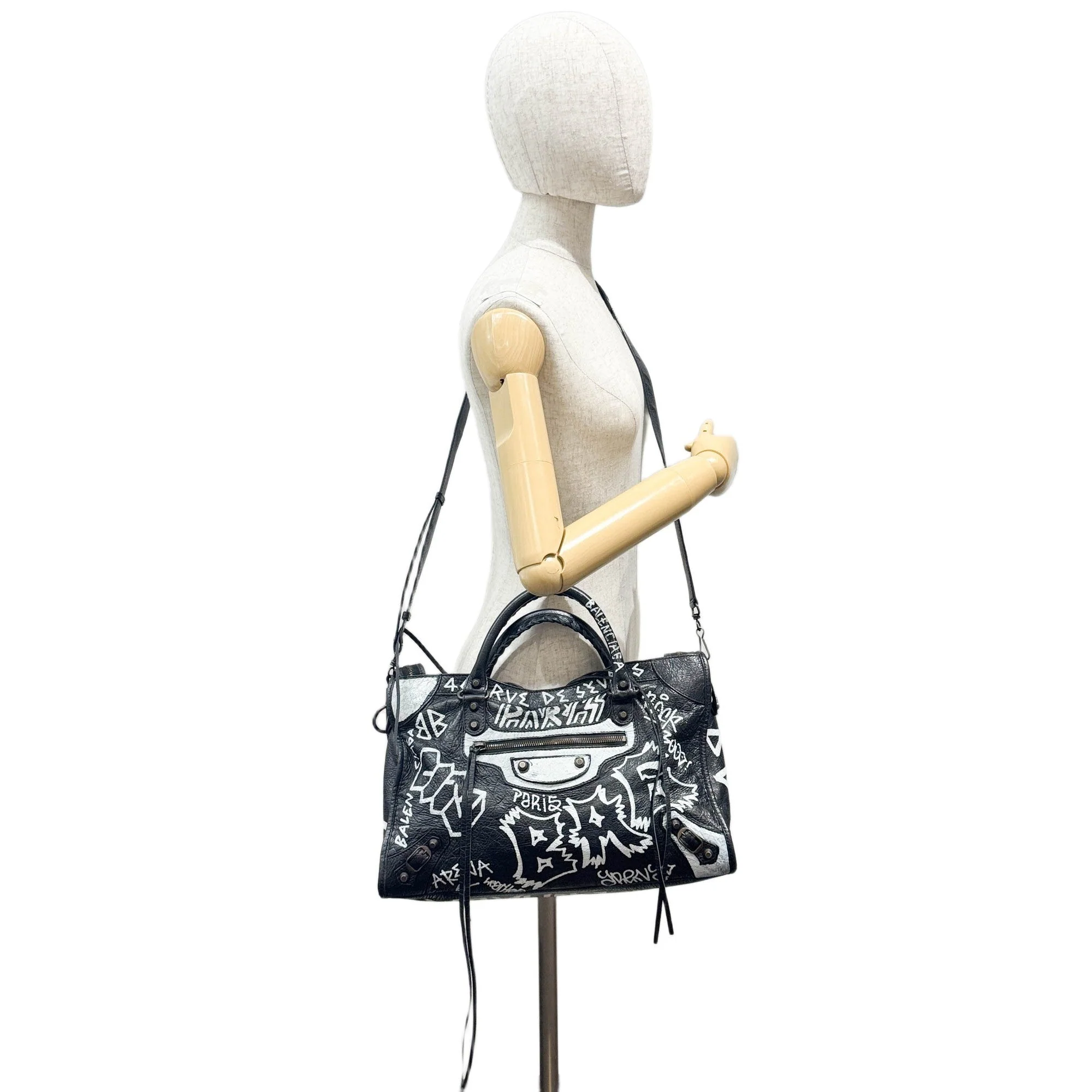 The City Graffiti Black Leather Two Way Bag - Image 3