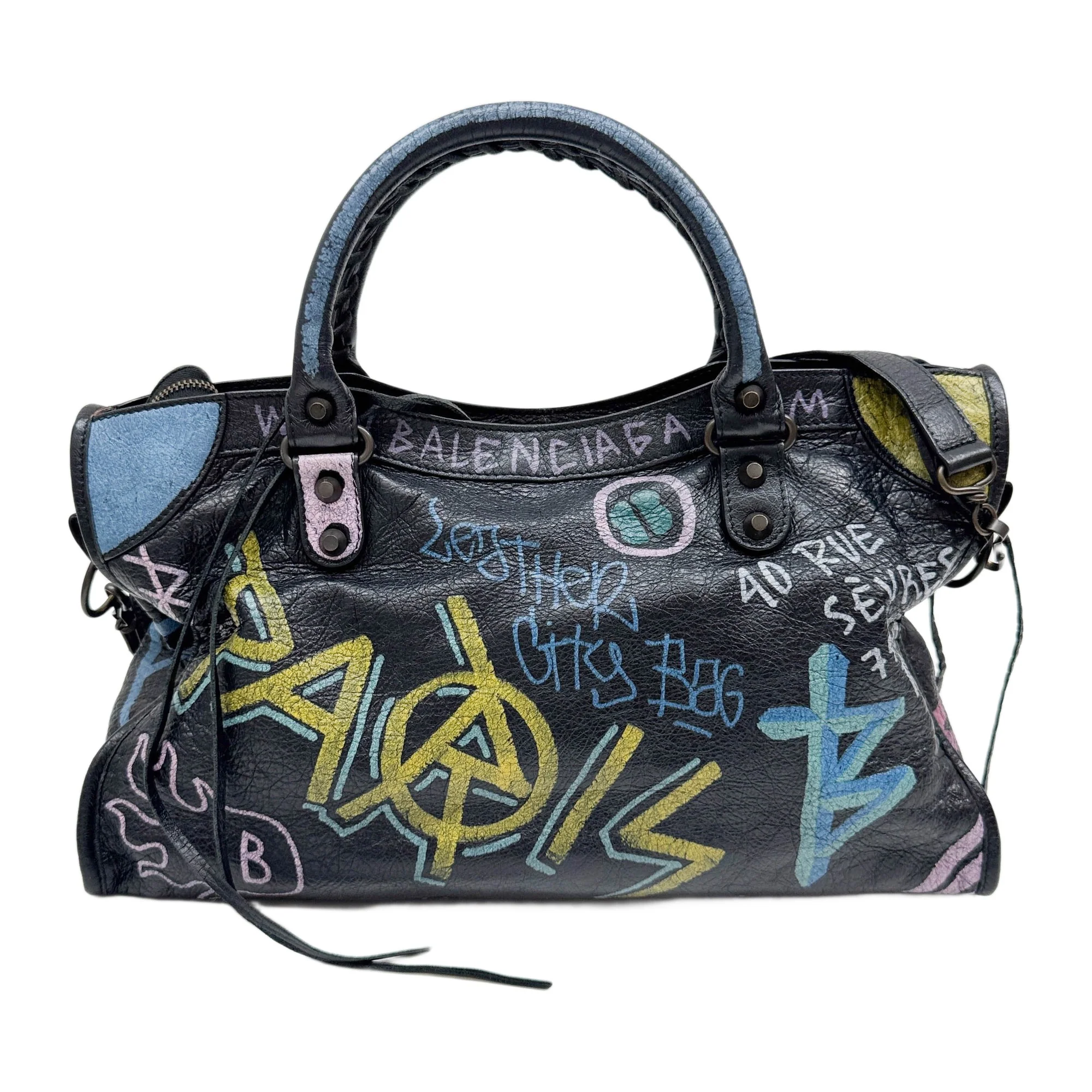 The City Graffiti Black Leather Two Way Bag - Image 2