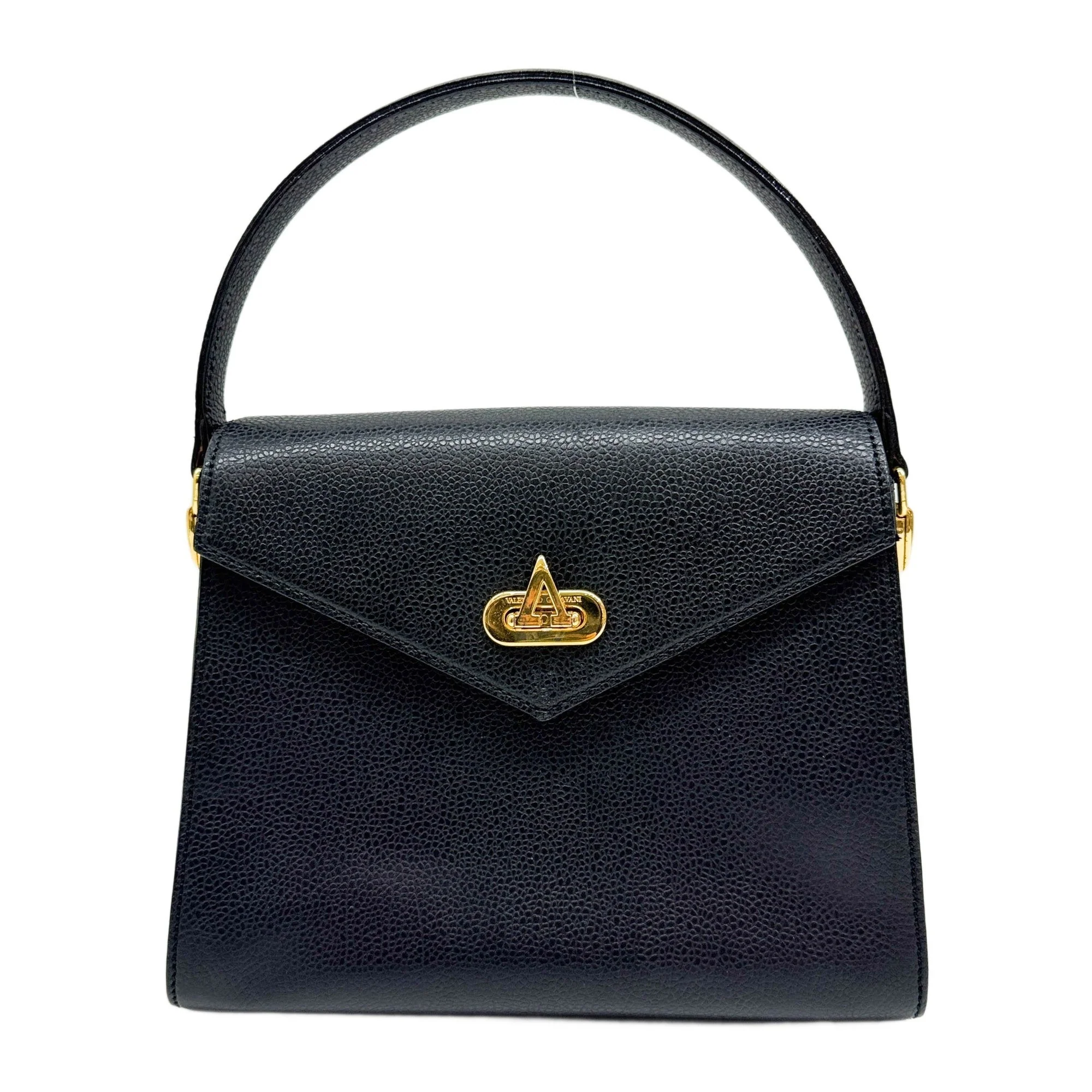 V Logo Black Leather Hand Bag