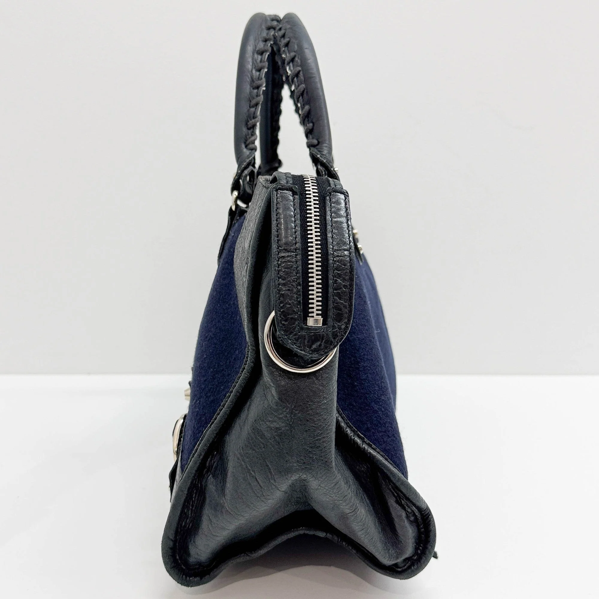 Work Navy Wool & Black Leather Trim Two Way Bag - Image 6